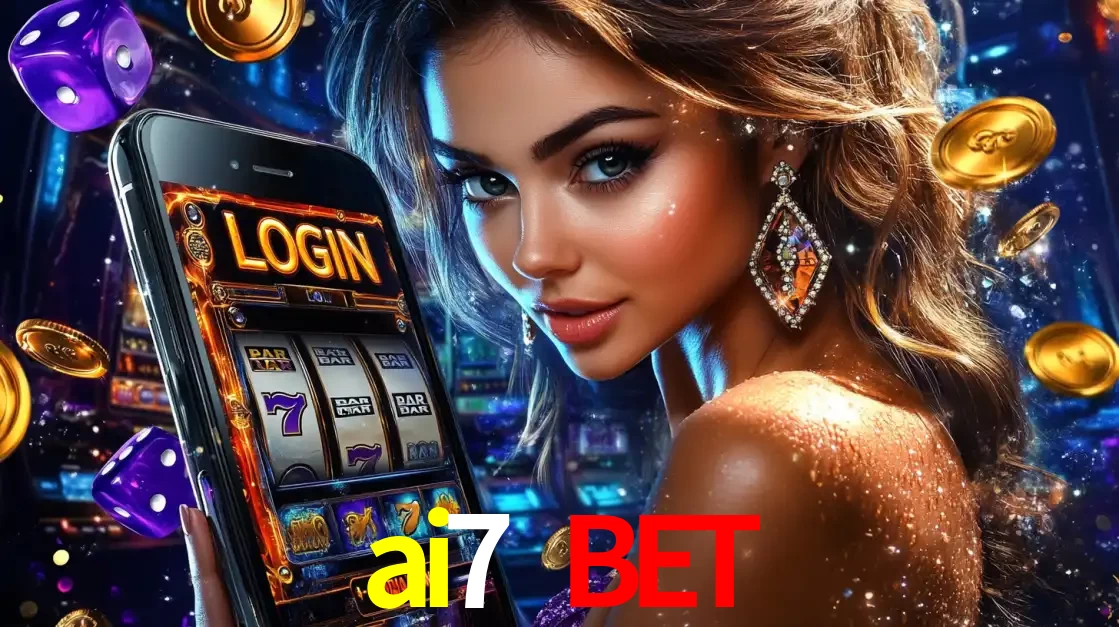 Mulher glamorosa segurando um smartphone com a tela de login para os jogos de caça-níqueis do cassino online ai7 bet, com moedas de ouro e dados ao redor.
