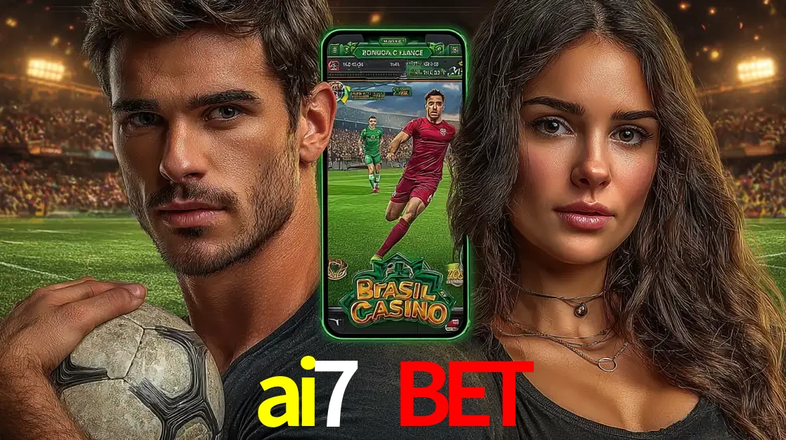 Homem segurando uma bola de futebol e uma mulher ao lado de um smartphone exibindo o jogo de apostas esportivas da ai7 bet. Faça seu palpite no cassino online.